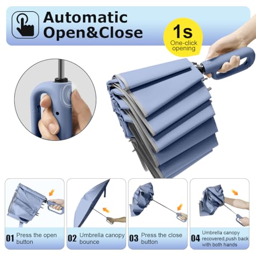 PALAY® 50 Large Umbrella with Reflective Strip Auto 3-Fold Compact Travel Carabiner Handle Reinforced 10 Dual Ribs Sun Protection 99 UV Rain Windproof for Men Women Blue 2 PCS PALAY® 50 Large Umbrella with Reflective Strip Auto 3-Fold Compact Travel Carabiner Handle Reinforced 10 Dual Ribs Sun Protection 99 UV Rain Windproof for Men Women Blue 2 PCS